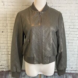 Alice + Olivia Gray Quilted Leather Bomber Jacket